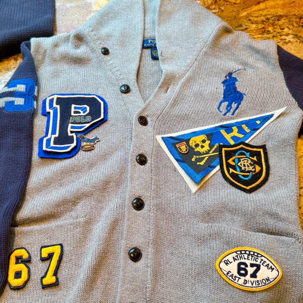 Ralph Lauren grey navy stripes lettetman varsity collegiate cardigan womens s